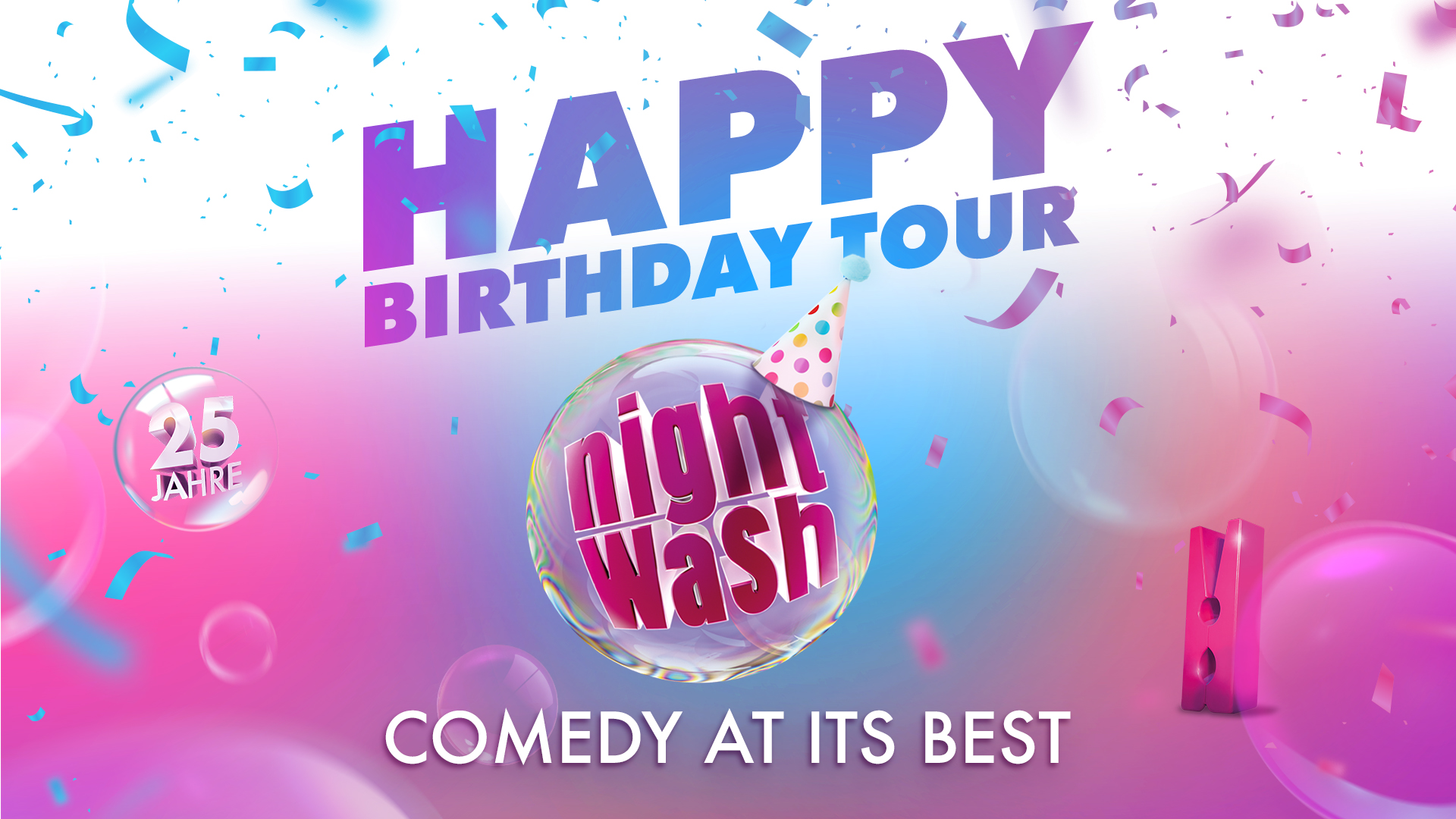 Nightwasch Happy Birthday Tour, Luftblase mit 25, Logo trägt Partyhut