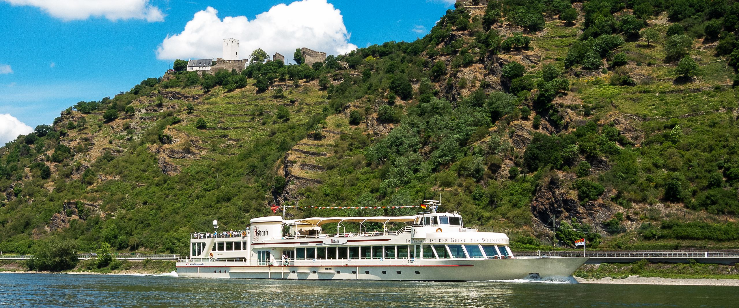 Fahrende MS Asbach am Mittelrhein auf dem Rhein vor Gebirgen.