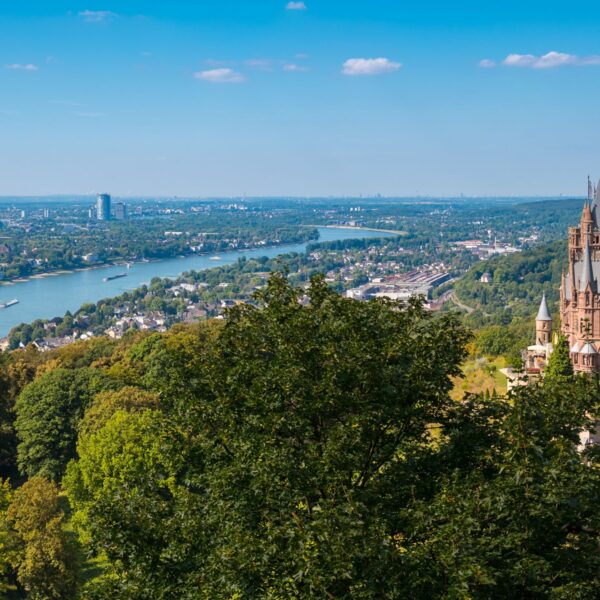 View of the Siebengebirge with Drachenfels Castle and the Rhine in the background