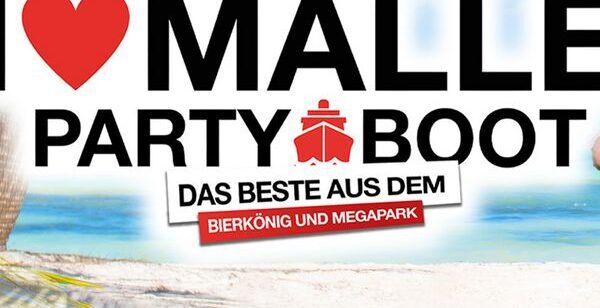 Beach in the background with the words I Love Malle Party Boot The best of the Bierkönig and Megapark