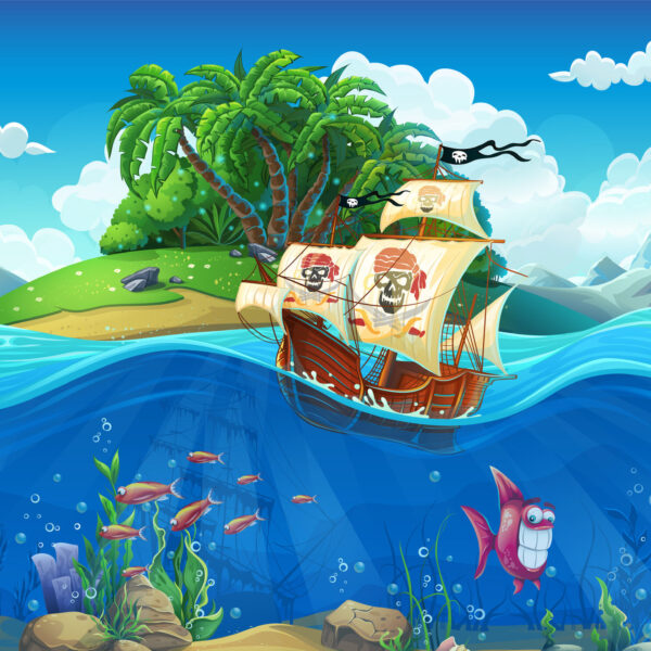 View of a small island with palm trees. A pirate ship can be seen in the waves in front of it. Fish can be seen in the sea.