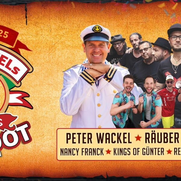 Flyer for Peter Wackel's carnival party boat in Cologne on the Rhine. All seven artist groups can be seen.