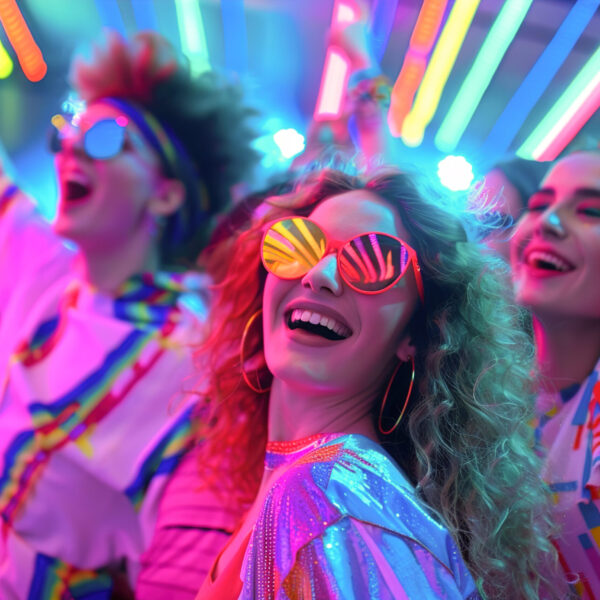 Three young people with colorful clothes and sunglasses in the colorful neon light